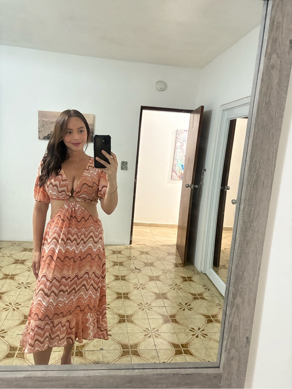 Women's Peach Wave-Print Midi Dress with Cutout Ring